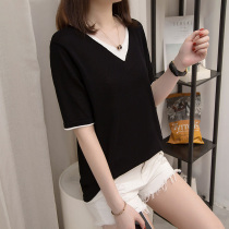 Large size slightly fat girls wear summer new 2021 short sleeve sweater fat sister age reduction V collar belly coat