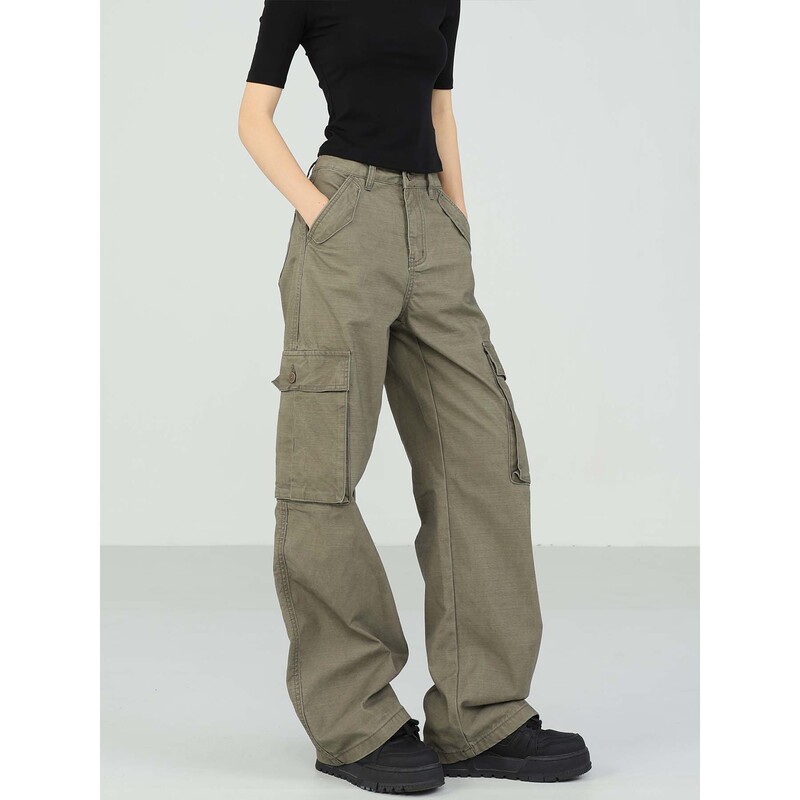 Ktone Spring and Summer Vintage Washed Army Green Jeans for Women, Loose Fit, Slimming Cargo Pants, Casual Versatile Pants Ktone Spring and Summer Vintage Washed Army Green Jeans for Women, Loose Fit, Slimming Cargo Pants, Casual Versatile Pants