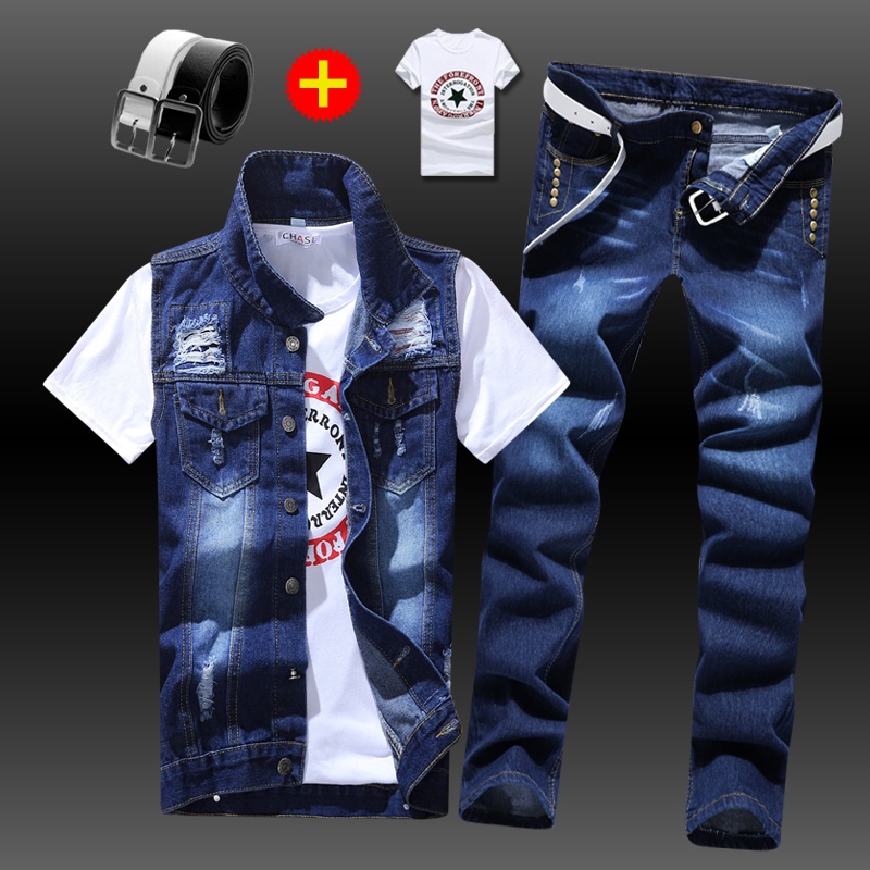 Spring and Summer Men's Slim-Fit Jacket and Pants Set, Trendy Denim Jacket, Korean Style Thin Casual Vest