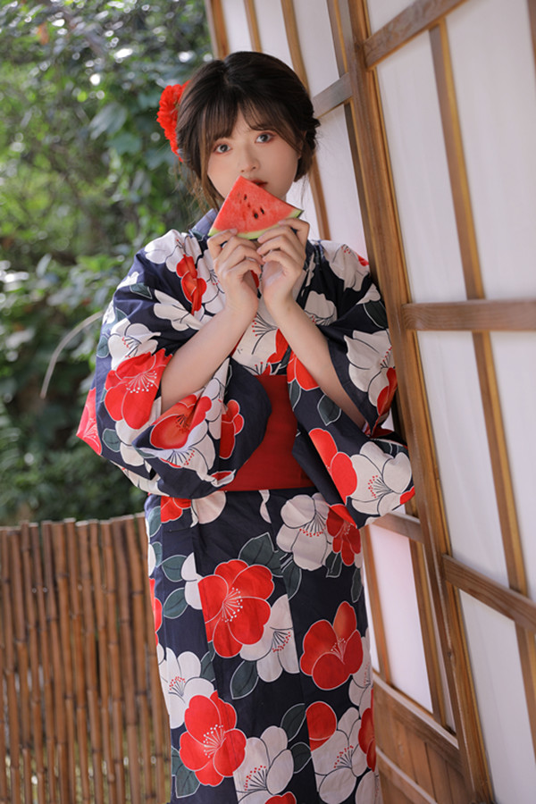 New cotton Japanese kimono yukata Summer kimono is especially photogenic with a blue background
