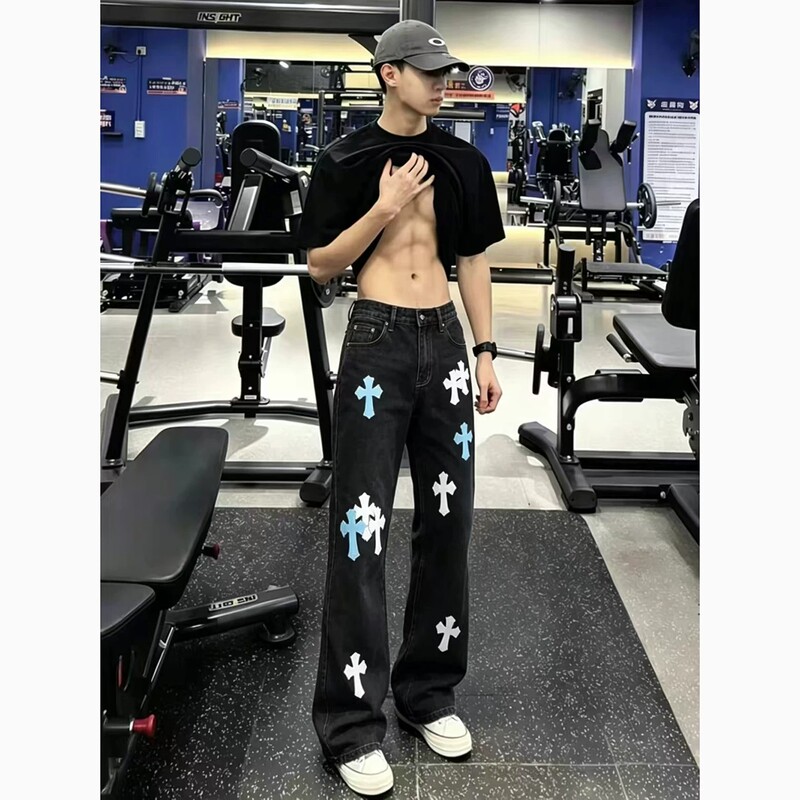 Cross Embroidery Jeans for Men and Women, Summer American High Street Fashion Vibe Pants, Cool and Stylish with a High-End Feel, Slightly Flared Pants