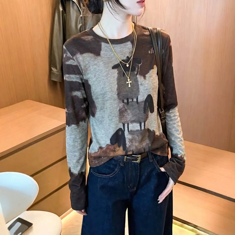 American Retro Cartoon Print Long-Sleeve T-Shirt for Women, 2026 Autumn, Plus Size, Loose Fit, Covers Body, High-End Feel Top