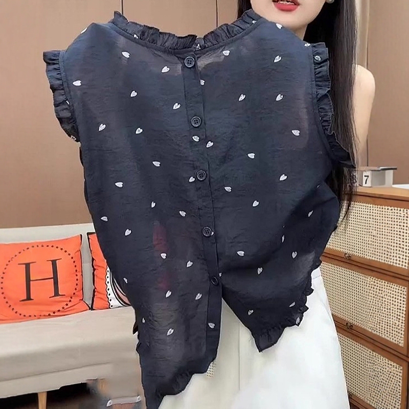 Korean Style Fashion Ruffled Heart Print Sleeveless Shirt for Women, New Summer Simple Versatile Loose Slimming Top Korean Style Fashion Ruffled Heart Print Sleeveless Shirt for Women, New Summer Simple Versatile Loose Slimming Top