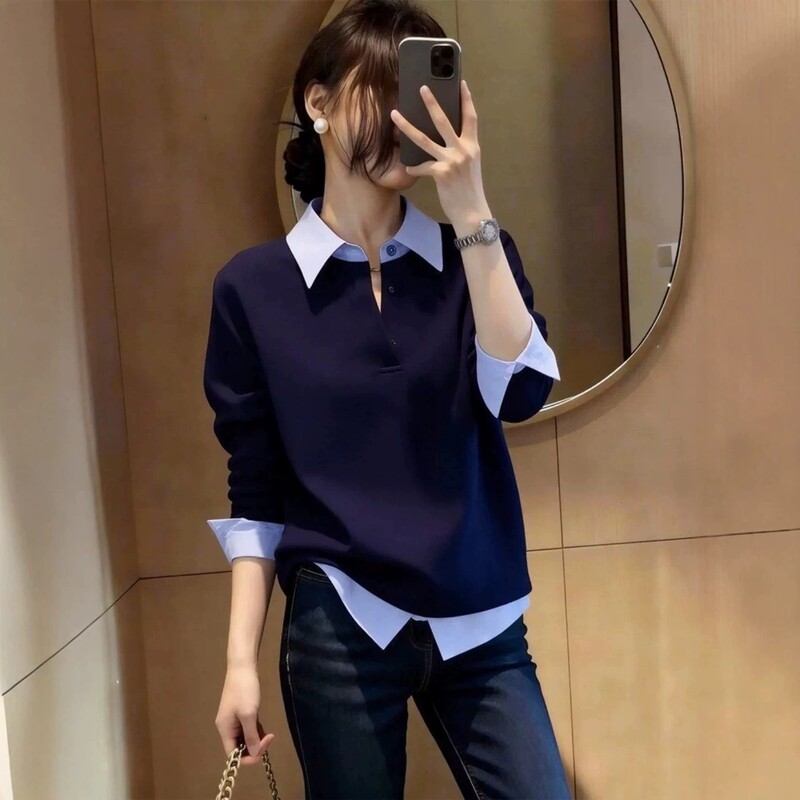 Light Luxury and High-End Polo Collar Fake Two-Piece Shirt for Women 2026 Early Autumn Plus Size Fat mm French Style Elegant and Beautiful Top Light Luxury and High-End Polo Collar Fake Two-Piece Shirt for Women 2026 Early Autumn Plus Size Fat mm French Style Elegant and Beautiful Top