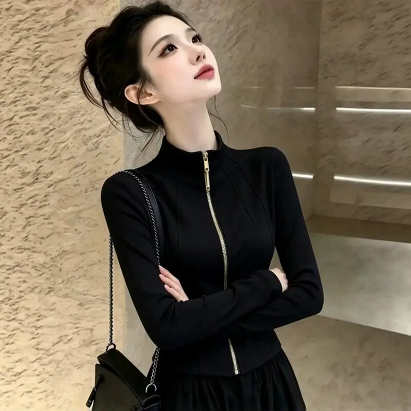 American Casual Stand-Up Collar Zip-Up Short Jacket for Women 2026 Autumn Plus Size Slimming Top for Chubby Girls