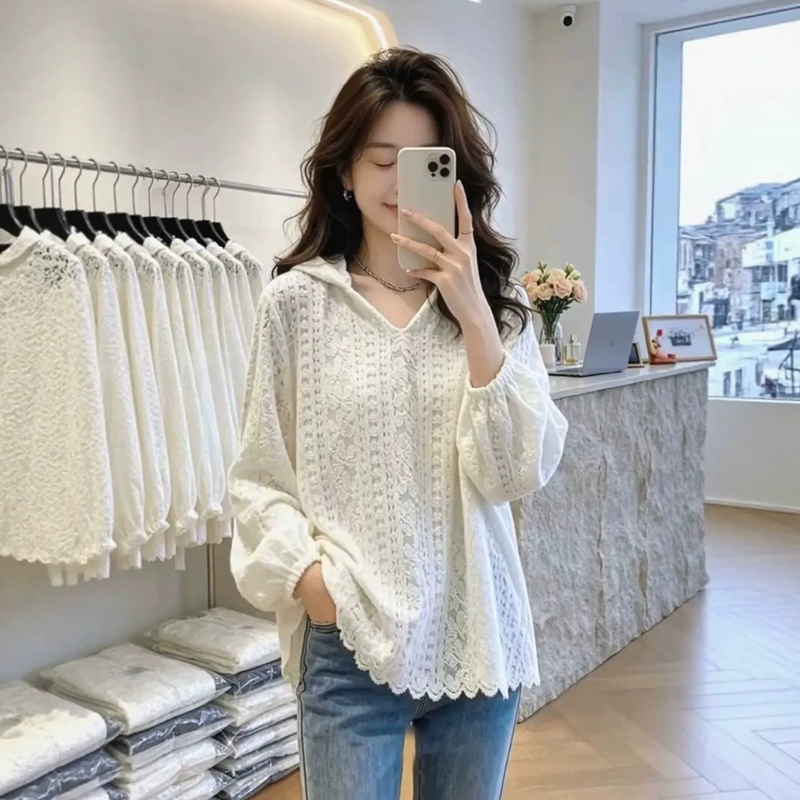French Jacquard Lace Hooded Long-Sleeve T-Shirt for Women, 2026 Autumn, Plus Size, Mature and Simple, Very Stylish Top French Jacquard Lace Hooded Long-Sleeve T-Shirt for Women, 2026 Autumn, Plus Size, Mature and Simple, Very Stylish Top