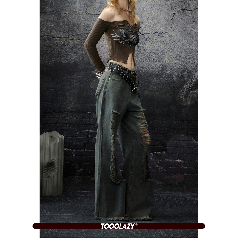 【Clearance 60% off 】Tooolazy Vintage Straight Long Ripped Jeans for Women, Mid-Waist, High Street Design, Niche Style 【Clearance 60% off 】Tooolazy Vintage Straight Long Ripped Jeans for Women, Mid-Waist, High Street Design, Niche Style