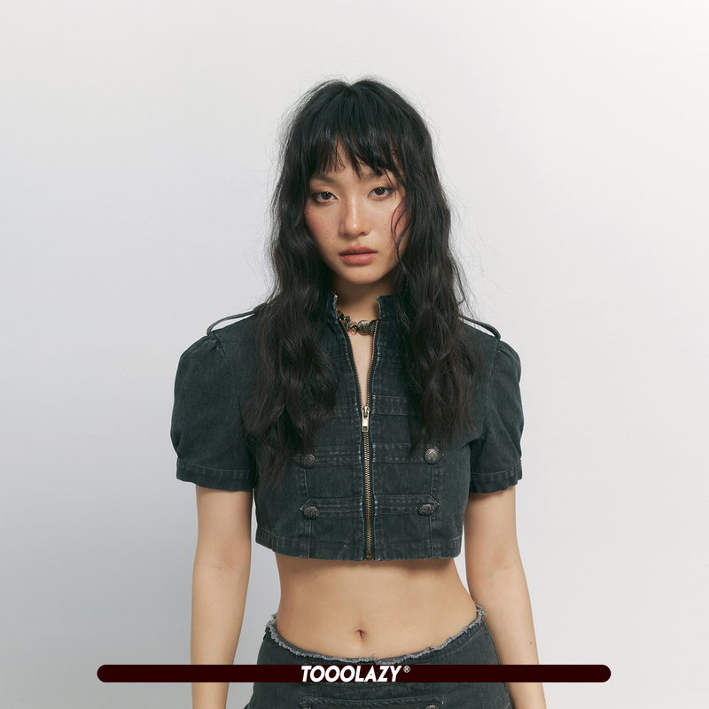 Tooolazy Napoleon Retro Black Double-Breasted Zipper Short-Sleeved Denim Jacket Women's Slim Sexy Top