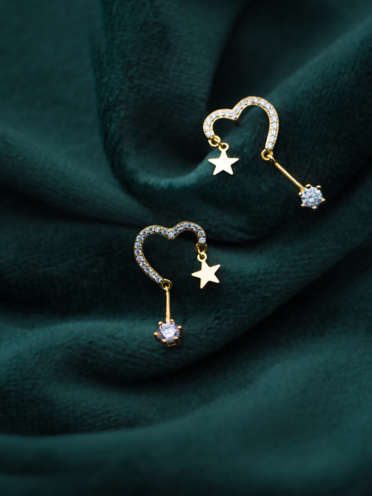 Love Rocky s925 silver earrings female Korean version of small fresh diamond-set love sweet cute stars long version ear jewelry