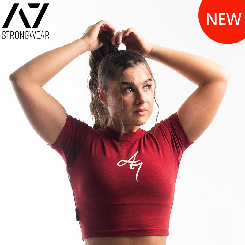 A7 Bar Grip Non-Slip T-Shirt for Women, Waist-Revealing, Red Rose, Imported from the Usa, Short-Sleeved, Powerlifting, Fitness, Breathable