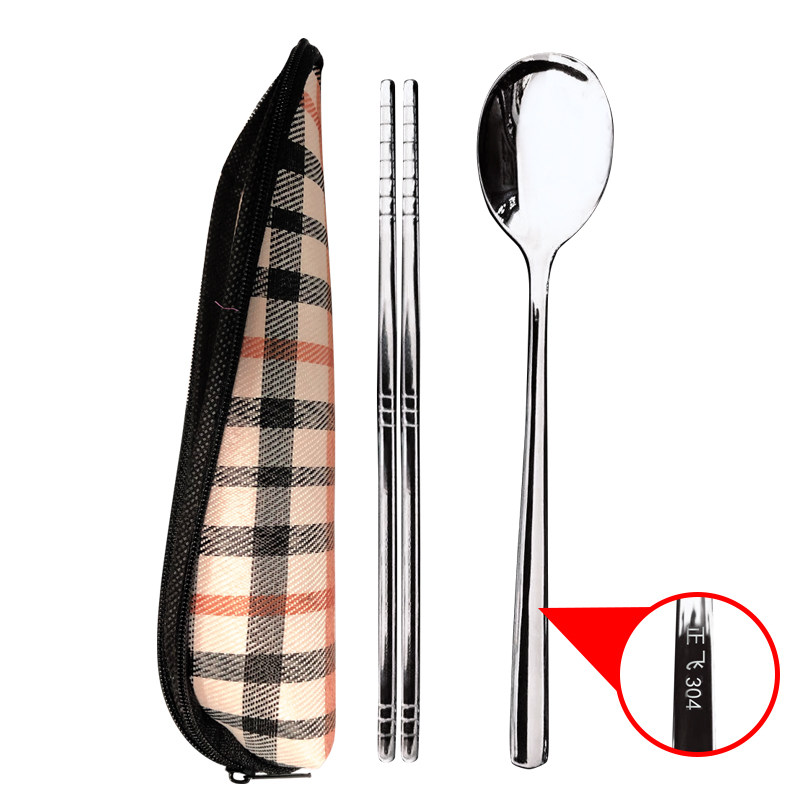 Portable chopsticks spoon suit 304 stainless steel students going out of tableware three sets single set children cashier bag