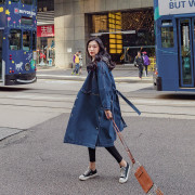 Mở ngã ba denim rãnh cô gái giữa chiều dài 2018 ulzzang mùa xuân retro loose-fitting đang lớn so với áo khoác đầu gối