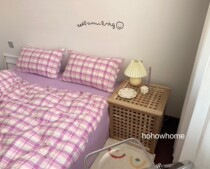 du home color matching ins with the same dream purple plaid cotton four-piece quilt cover bed pure cotton washed cotton