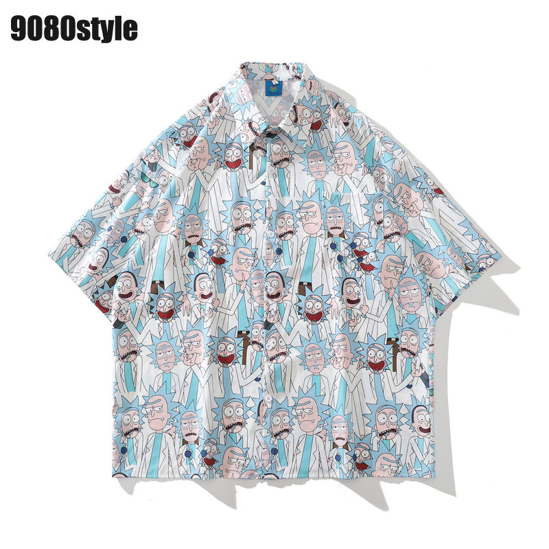 Rick and Morty Cartoon Anime Printed Clothes for Men and Women, Couple Outfits, Oversized Loose Beach Short-Sleeved Shirts