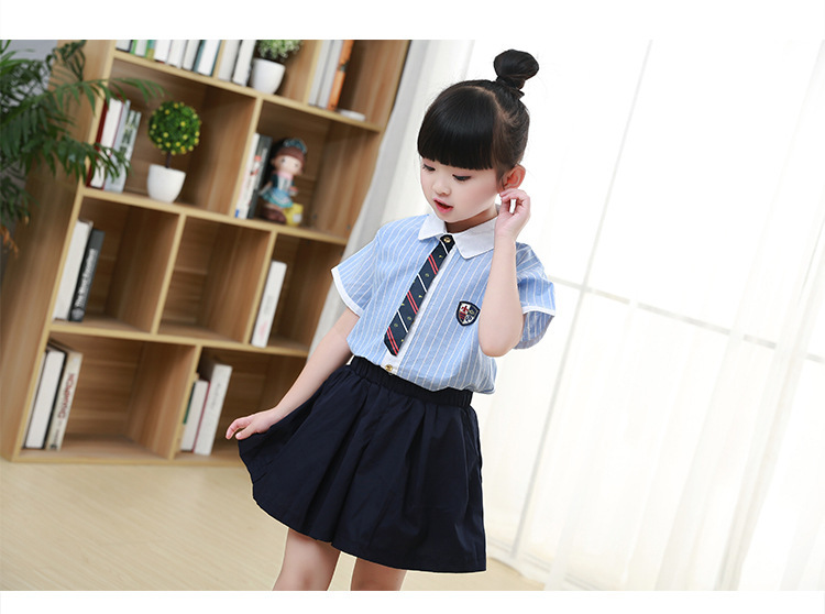 Đồng phục học sinh tiểu học và trung học sọc xanh đặt cotton mùa hè đại học tay ngắn nam nữ phục vụ lớp trẻ em thời trang trẻ em cao cấp