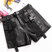 High waist leather shorts womens sheepskin loose shorts womens 2020 new casual tooling black leather wide leg shorts