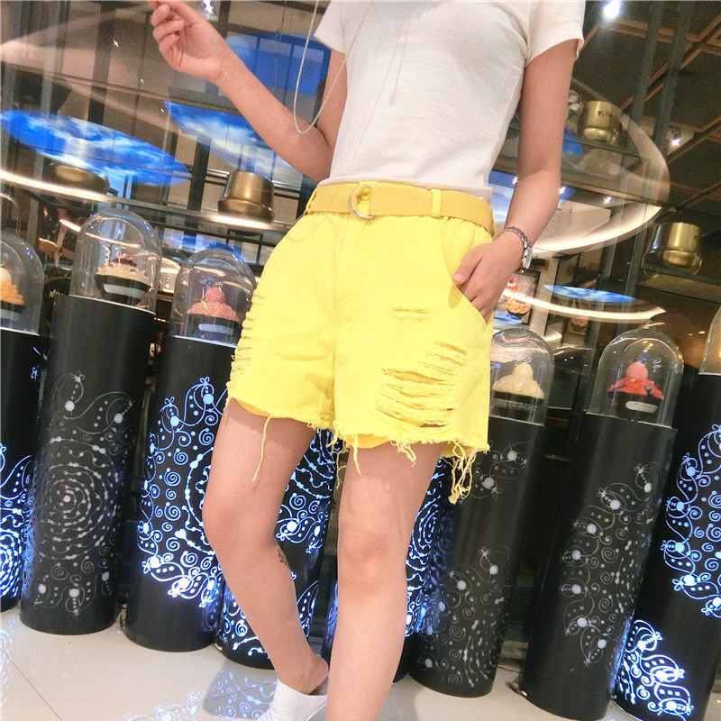 quần short denim eo cao của phụ nữ một từ chân rộng 2020 mùa hè mới của Hàn Quốc phiên bản của mã lớn lỏng hiển thị lỗ mỏng quần nóng