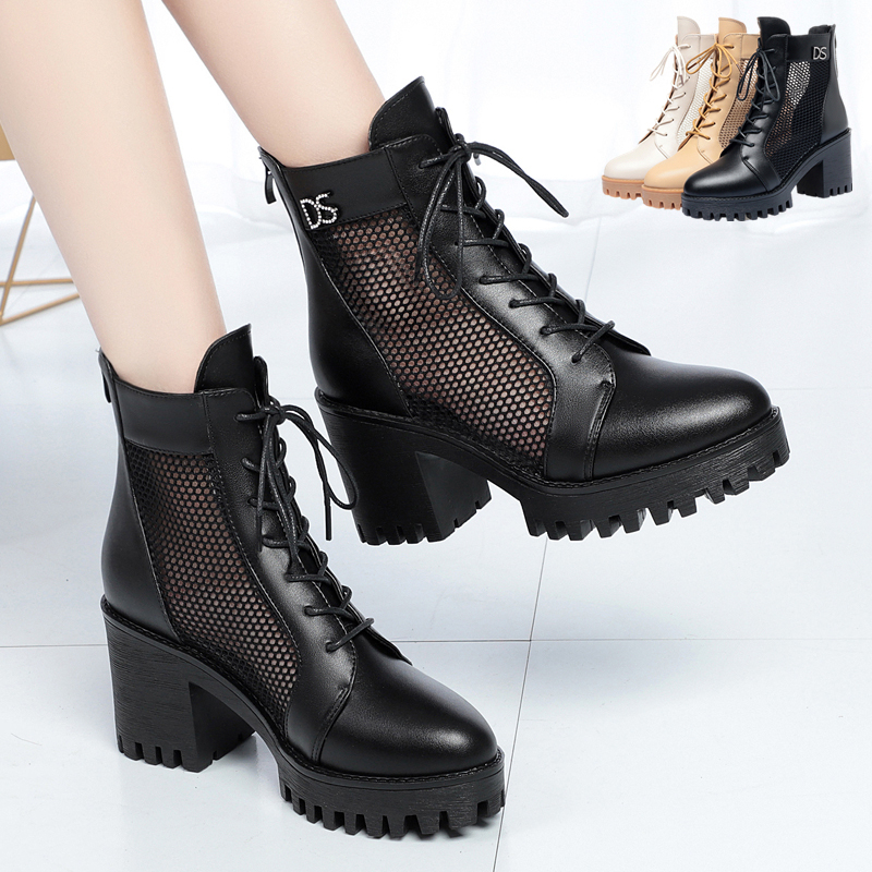 Spring and Summer Genuine Leather Mesh Boots for Women, Hollow Thick-Heeled Platform Breathable High-Heeled Short Boots, Trendy Martin Boots for Women
