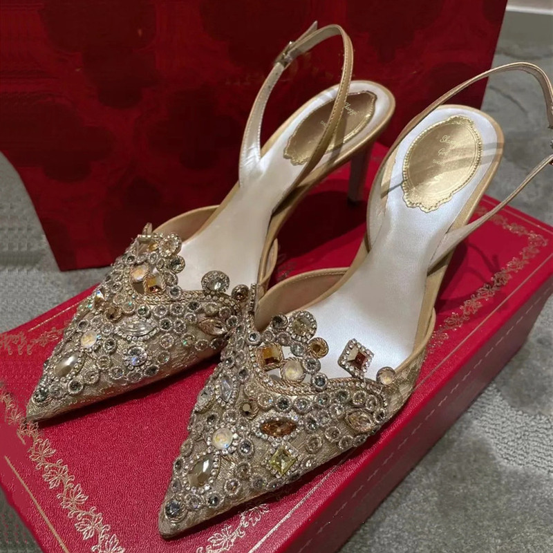 2025 New Style Rhinestone Pointed Toe Wedding Shoes for Women, Bridal Shoes with Ankle Strap, Gold Xiuhe High Heels, Stiletto Lace