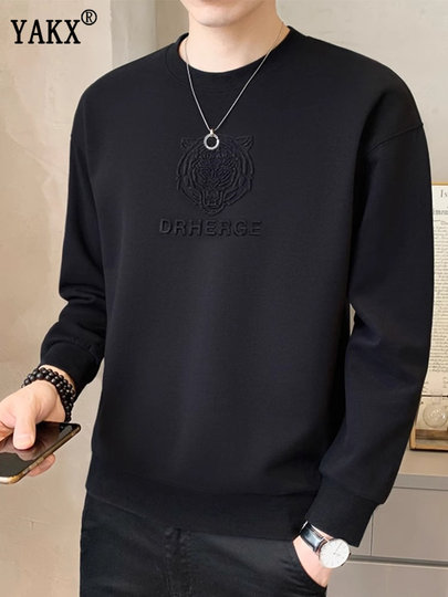 高端钢印卫衣男士2025春秋季新款圆领宽松长袖打底衫男款秋冬加绒