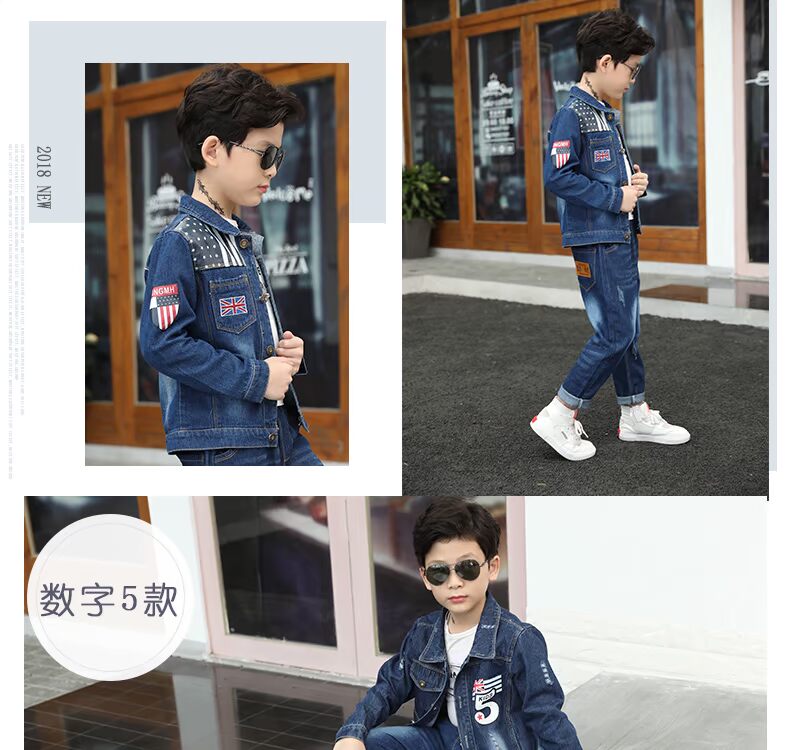 2018 bé trai mùa thu mới bé trai denim phù hợp với quần áo trẻ em denim hai mảnh quần lớn denim + quần quần yếm cho bé gái