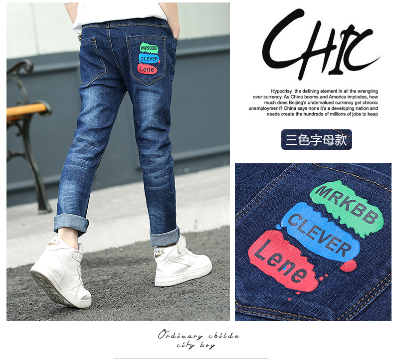 2018 quần áo trẻ em chàng trai mới jeans mùa xuân và mùa thu quần jeans trẻ em trong trẻ em lớn của quần mỏng