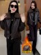Jasmine high-definition leather jacket for women, thickened and velvet lamb fur collar, winter new warm motorcycle jacket, short cotton-padded jacket