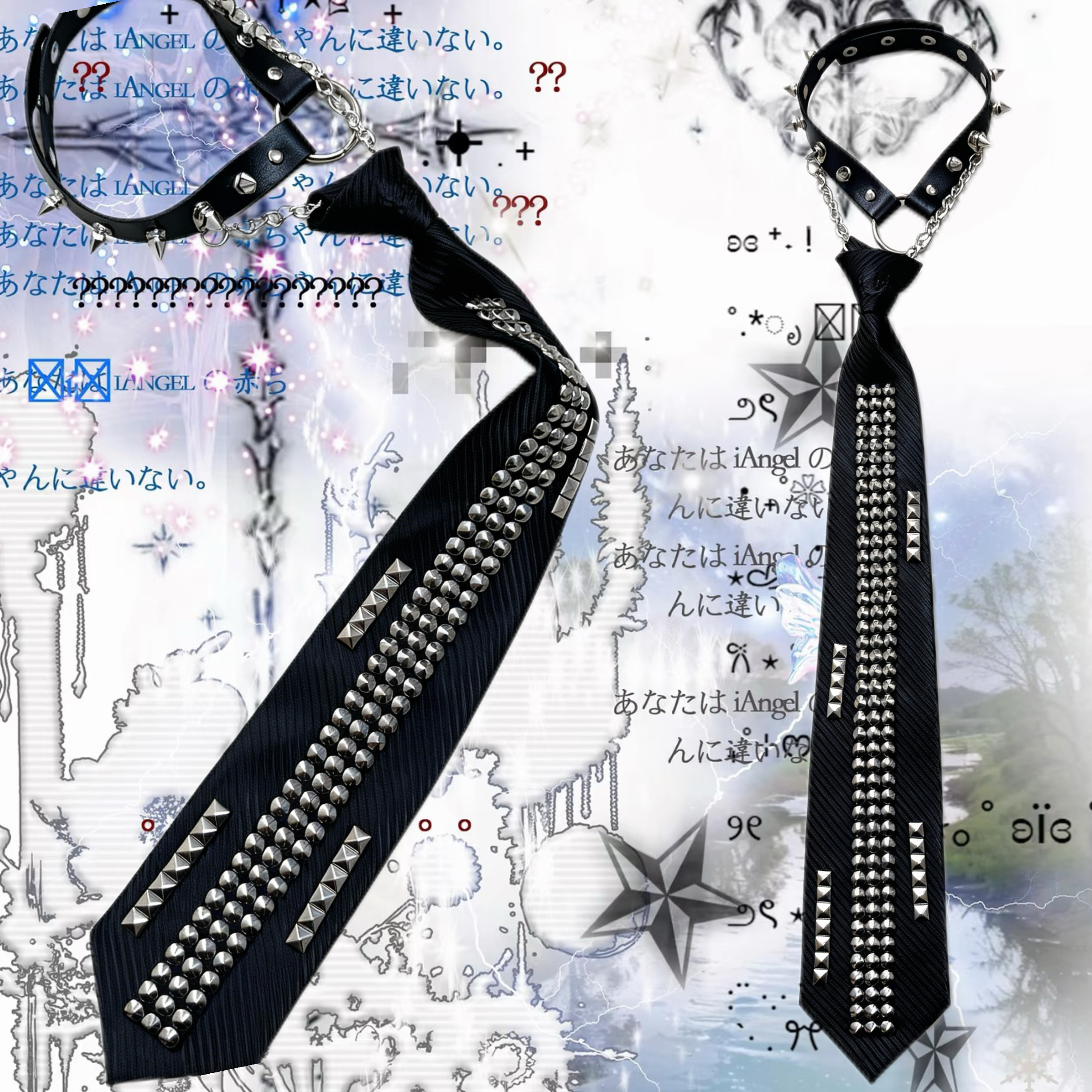Punk studded choker tie set, subculture dark metal chain, niche hot girl black tie