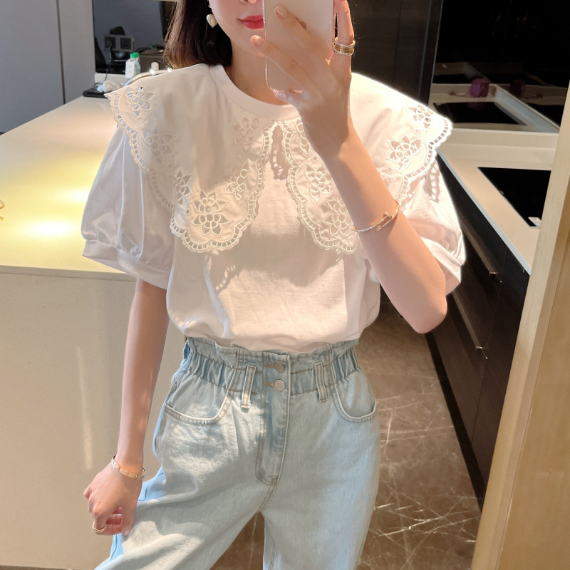 2026 Summer New Style Hollow Lace Ruffle Petal Collar White Puff Sleeve Short Sleeve Round Neck T-Shirt Top for Women Thin