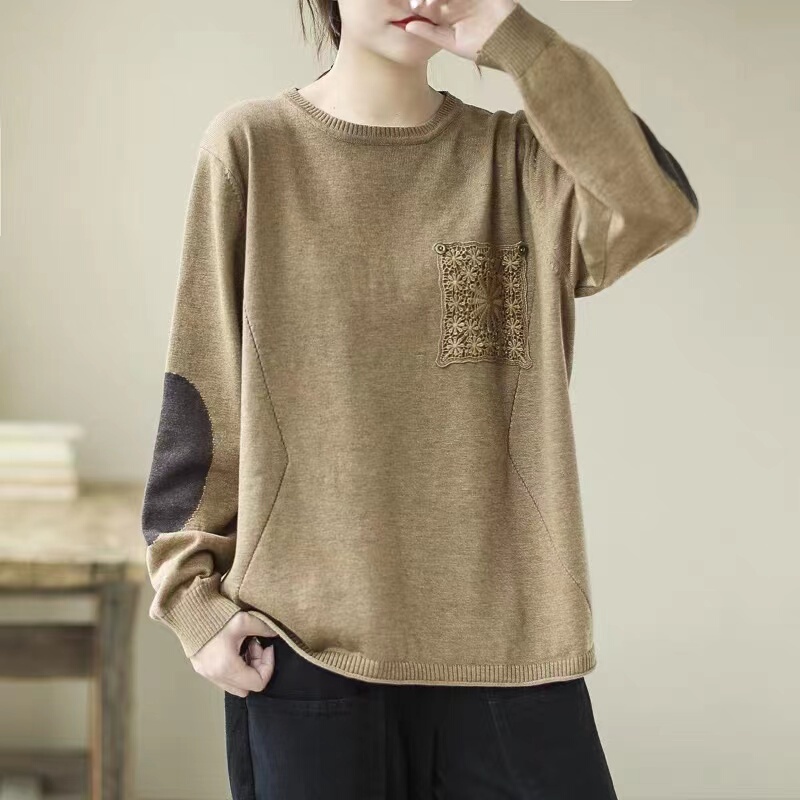 Retro Contrasting Color Cotton Knitted Knitwear for Women in Autumn and Winter, Versatile Outer Wear, Bottoming Shirt, Sweater, Loose Casual Top, Trendy Retro Contrasting Color Cotton Knitted Knitwear for Women in Autumn and Winter, Versatile Outer Wear, Bottoming Shirt, Sweater, Loose Casual Top, Trendy