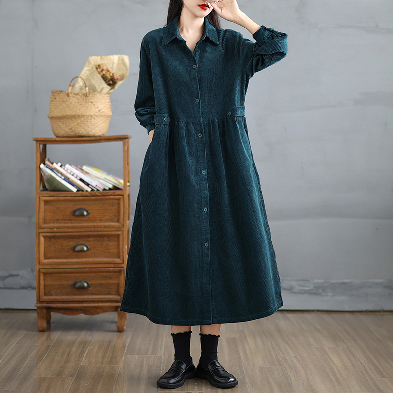 Retro Corduroy Lapel Windbreaker Jacket Women's Autumn and Winter Loose Slim Casual Cardigan Corduroy Long Over-The-Knee Coat