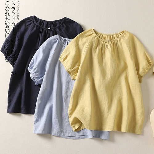 Японская летняя тонкая футболка с коротким рукавом, из хлопка и льна