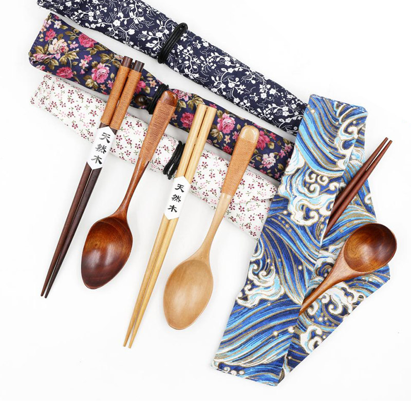 Day style and wind bag wood chopsticks spoon fork three-piece travel portable cutlery suit environmental protection student