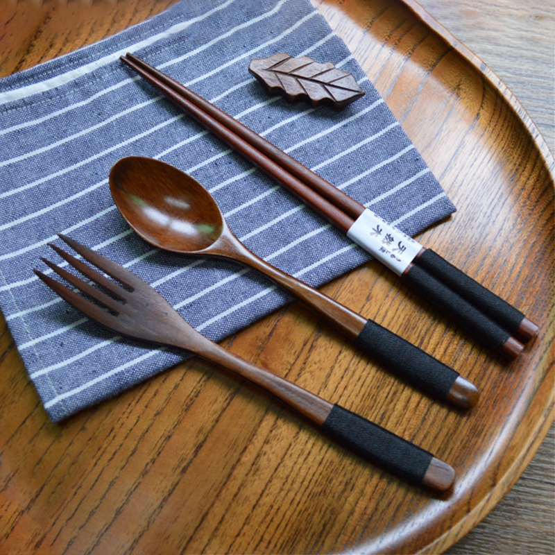 Creative Students Cutlery Sets Solid Wood Adult Chopsticks Portable Cutlery Wooden Spoon Fork Chopsticks THREE SETS DELIVERED CLOTH BAG CHOPSTICKS
