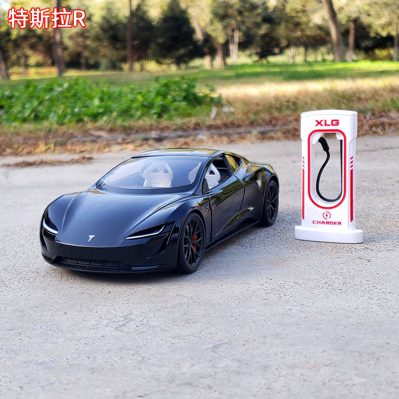 1:24 Tesla R Alloy Car Model with Sound and Light, Pull-Back Convertible New Energy Sports Car Ornament, Children's Toy Car