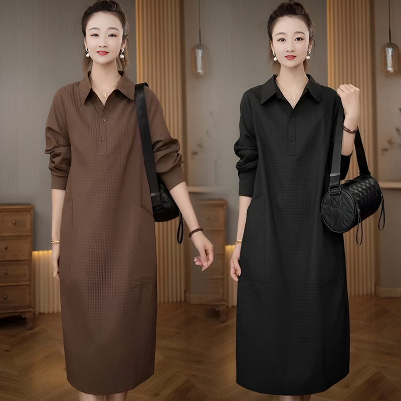 2024 New Autumn Clothing, Loose Long-Sleeved Shirt Dress for Women, High-End, Elegant, Loose, Slimming, Belly-Covering Long Skirt