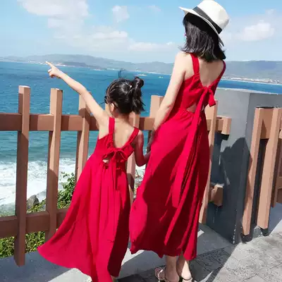 Seaside resort beach parent-child dress summer dress red backless mother women beach dress
