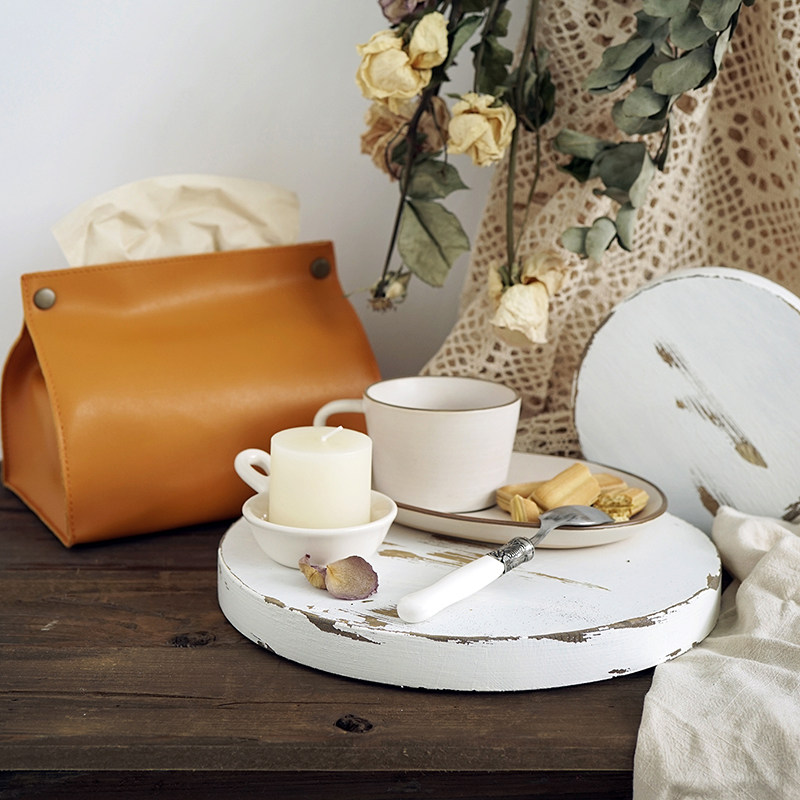 White round cutting board Photography props Disc wooden tray Teacup pad Vase pad Peeling off worn planks