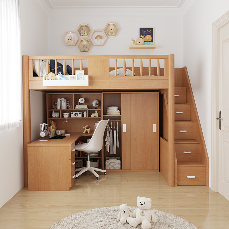 Loft Bed with Integrated Wardrobe and Desk for Small Spaces, Suitable for Children and Adults