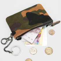 Retro mens leather wallet camouflage zipper small wallet short cowhide mens bag ultra-thin coin bag drivers license tide