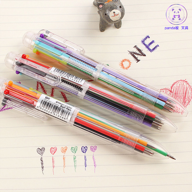 Six Color Ballpoint Pen Transparent Pole 6 Color Oil Character Pen Oil Stain Pen Atom Pen Cute Press Action Colored Oil Pen Oil Color Pen