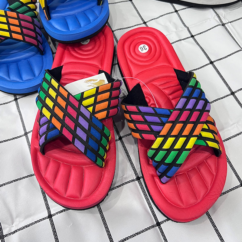 Hong Kong Imported New Classic Fashion Rainbow Slippers, Comfortable Women's Lightweight Summer Home Cross-Strap Flat Slippers