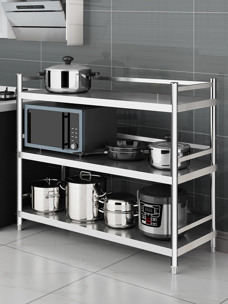 304 Kitchen shelf Floor-to-ceiling multi-layer storage shelf Stainless steel three-layer assembly thickened thickened with fence household