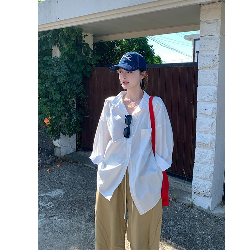 Relaxed, Loose-Fitting Boyfriend-Style Casual Mid-Length Oversized Thin Pure White Shirt Cardigan for Women