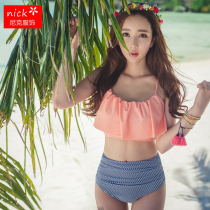 Korean ruffle vintage high waist bandeau split bikini small chest gathered student swimsuit female spa swimming suit