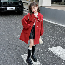Girls New Year coat quilted and thickened red woolen coat 24 winter clothes Year of the Dragon zodiac year clothes New Year greeting clothes for 12 years old