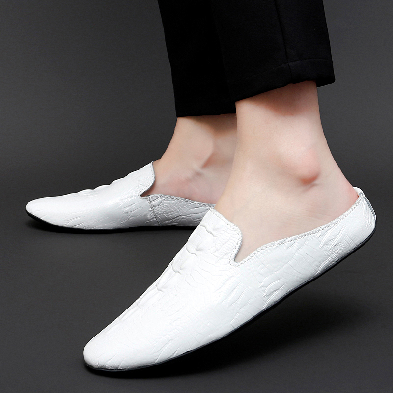 Half Slippers for Men, Genuine Leather, New Summer Style, White, Heelless, Business Leather Shoes, Crocodile Pattern, Slip-On Lazy Leather Sandals Half Slippers for Men, Genuine Leather, New Summer Style, White, Heelless, Business Leather Shoes, Crocodile Pattern, Slip-On Lazy Leather Sandals