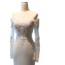 French satin dress high-end retro long-sleeved lace light wedding dress fishtail skirt trailing bride forest style travel photography girl