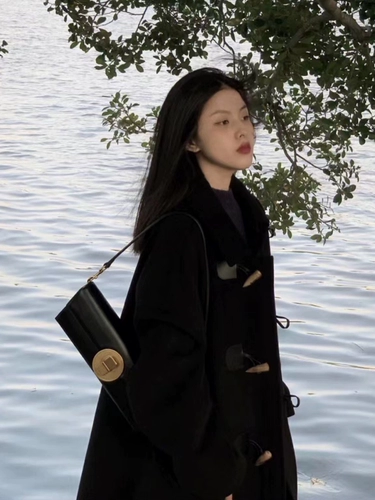 Длинное черное шерстяное пальто, куртка, коллекция 2023, средней длины, подходит для подростков, увеличенная толщина