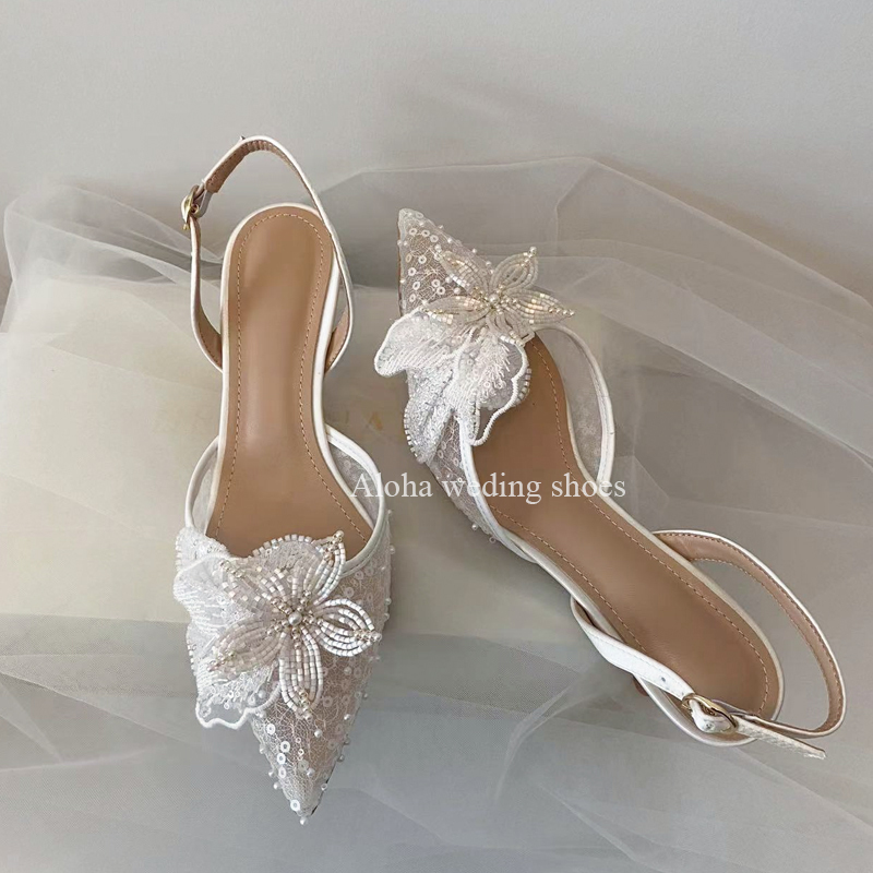 Wedding Shoes for Women, Niche Design, White Lace Sandals, High Heels, Bridal Shoes for Women, 2026 New Pointed-Toe Fairy Shoes
